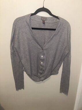 Rachel Light Gray Waffle Knit Button-Front Crop Top